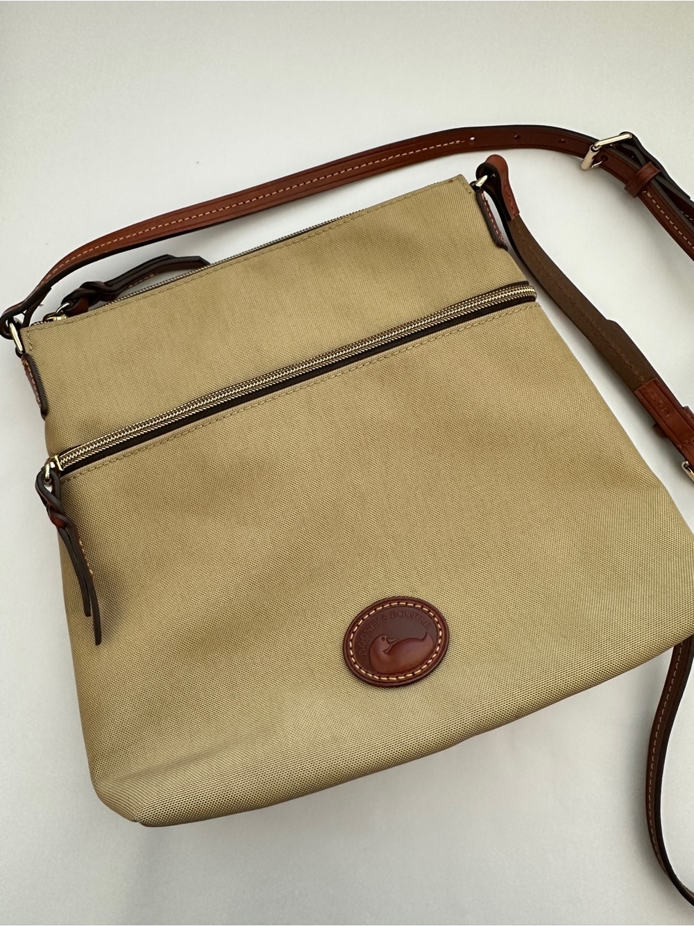 Dooney & Bourke Tan Canvas & Brown Leather Trim Double Zip Crossbody Bag